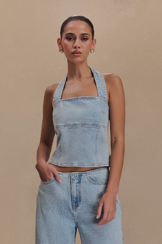 Women's distressed denim tank top for street style -Dayna Denim Halter Top - Light Blue