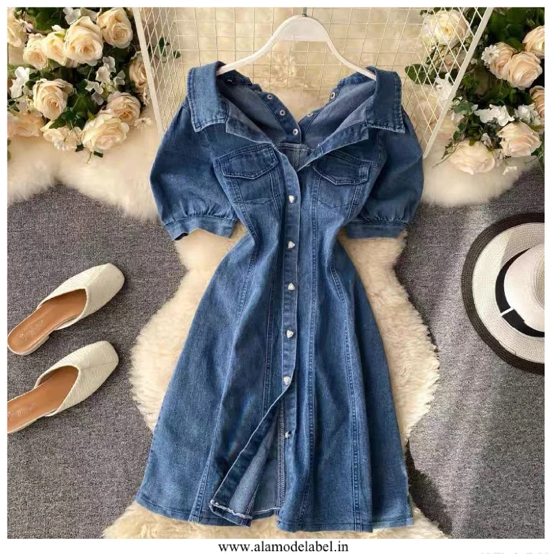 Denim dress with removable hood--Style which of season-Calista Offshoulder Denim Dress