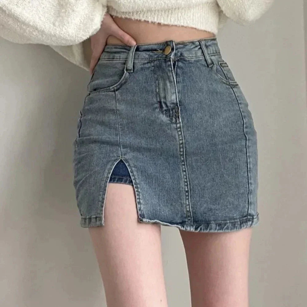 Women's distressed knee-length denim skirts for vintage charm -Womens Slim Fit Tight Hip Denim Skirt