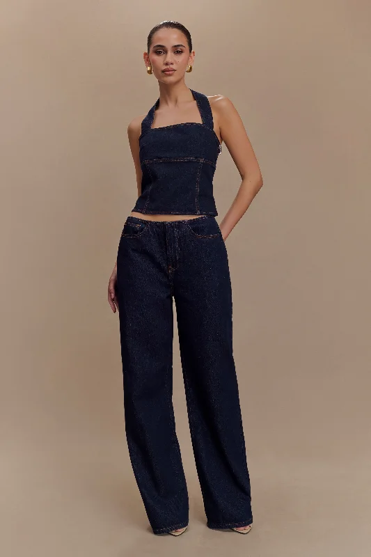 Women's high-waisted denim tank top for casual wear -Dayna Denim Halter Top - Indigo Blue