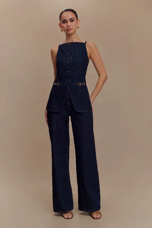 Women's denim tank top for summer outfits -Ashton Sleeveless Button Denim Top - Indigo Blue
