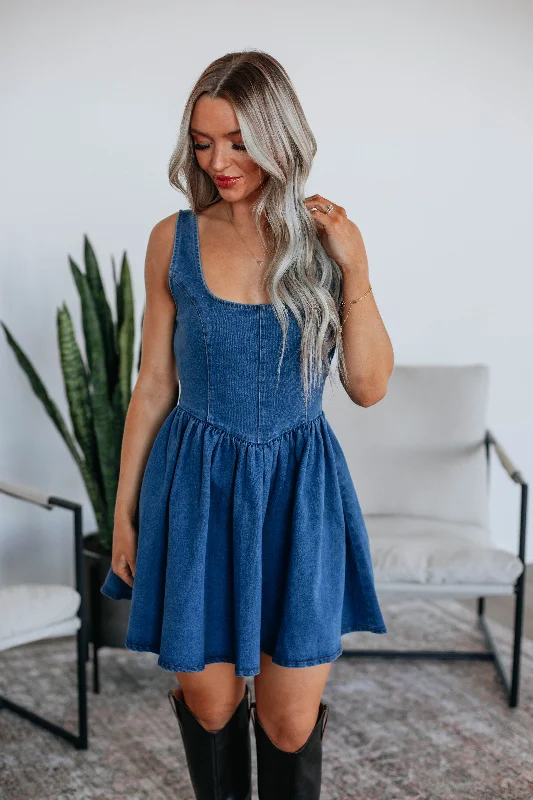 Denim dress with adjustable drawstring--How styled plus and stylish-Lainey Denim Dress