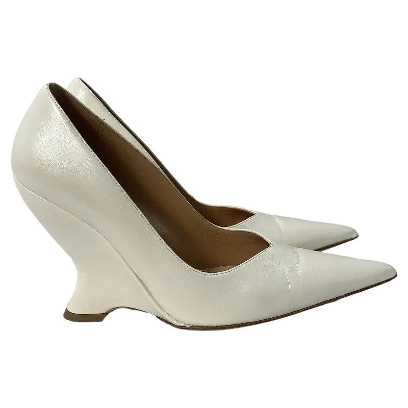 Bottega Veneta Punta Wedge Pumps in White Leather---Comfortable Leather Pumps for Office and Everyday Wear