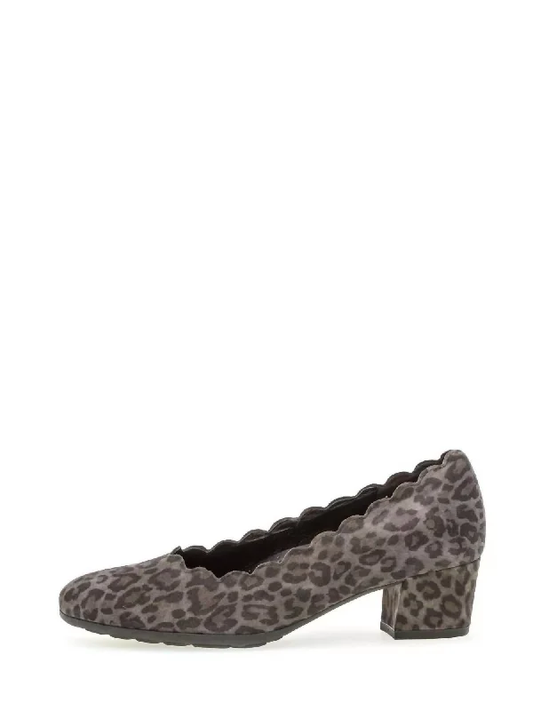 Trendy Chunky Heel Pumps for Casual Wear--Women Scalloped Block Heel In Anthracite Leopard