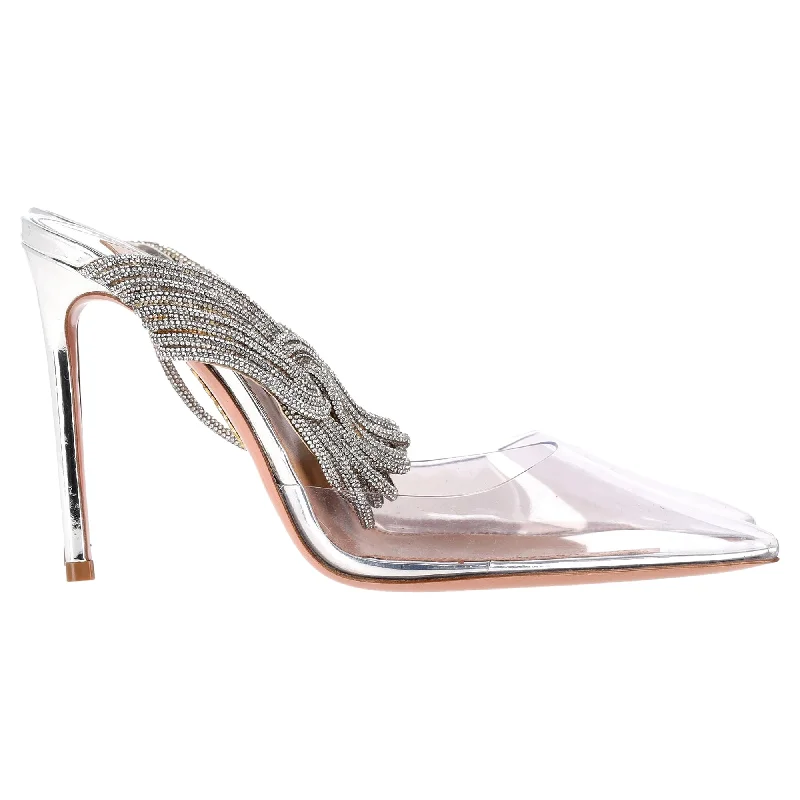 Aquazzura Instinct 75 Embellished Pumps in Silver Leather and PVC---Comfortable Leather Pumps for Office and Everyday Wear