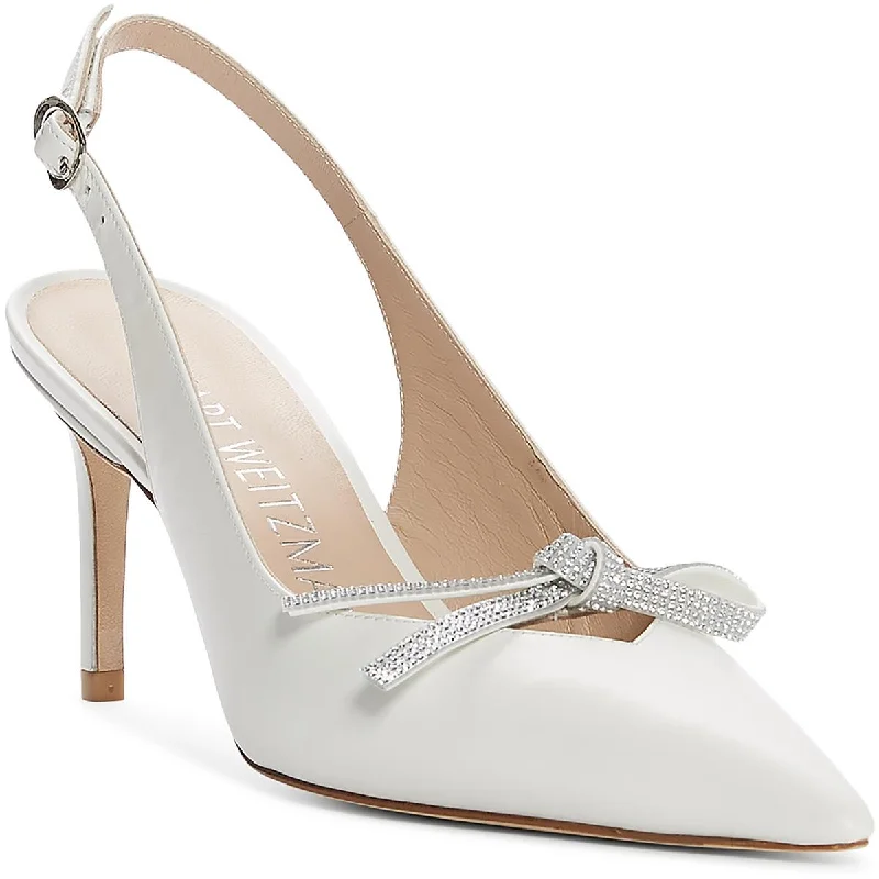 Stiletto Heel Pumps with Perfect Fit--Stuart Weitzman Womens SW Bow 75 Slingback Leather Pointed Toe Slingback Heels-Fashionable & Classic