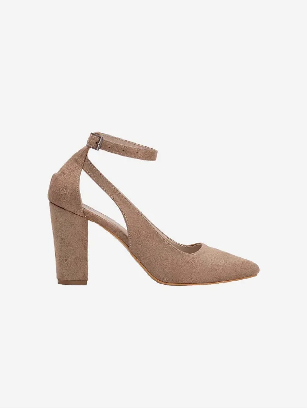 Affordable Suede Ankle Pumps for All-Day Wear--Colette Vegan Suede Block Heels | Beige