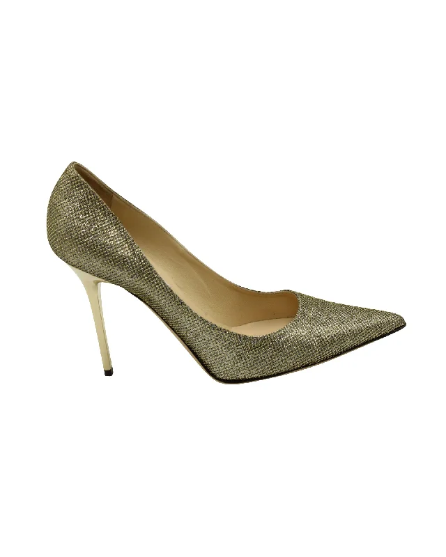 Jimmy Choo Glitter Abel Pointed Toe Pumps in Metallic Gold Lamè---Trendy Glitter Heels for a Glamorous Look