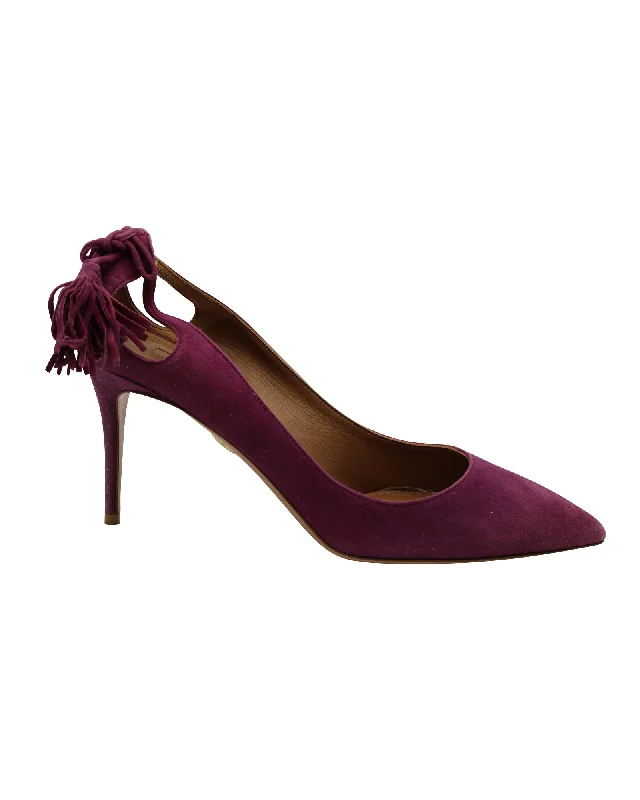 Affordable Suede Ankle Pumps for All-Day Wear--Aquazzura Forever Marilyn Tassel Pumps in Purple Suede