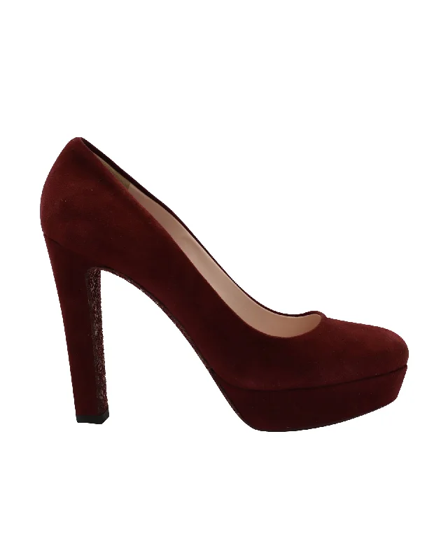 Miu Miu Glitter Sole Block Heels Platform Pumps in Red Suede---Trendy Glitter Heels for a Glamorous Look