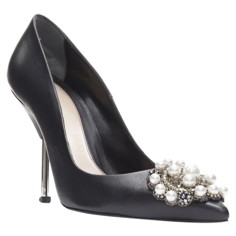 Stiletto Heel Pumps with Perfect Fit--Alexander McQueen black pearl metal embellished stiletto pumps-Fashionable & Classic