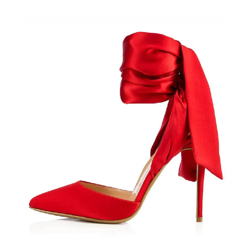 Stiletto Heel Pumps with Perfect Fit--Dramatic Ankle Bow Tie Pointed Toe Stiletto Satin Pumps - Red-Fashionable & Classic