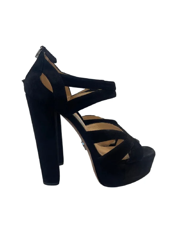 Trendy Peep Toe Platform Heels Crafted from Genuine Leather--Prada Suede Strap Peep Toe Heels