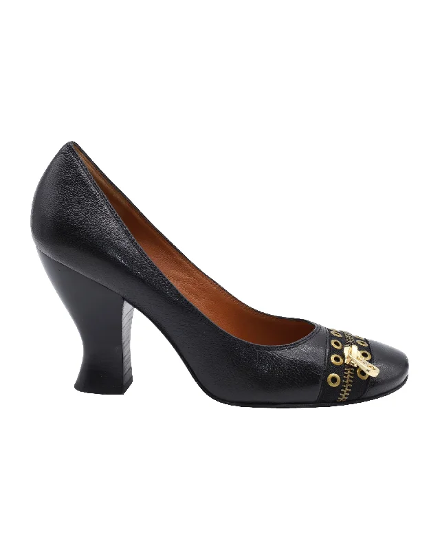 Marc By Marc Jacobs Pumps with Zipper Grommet Design in Black Leather---Comfortable Leather Pumps for Office and Everyday Wear