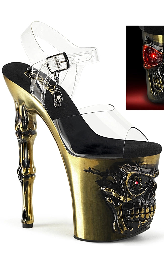 Stylish Platform Heels for Extra Height--RAPTURE-808 Brass Chrome Skull Platform Heels