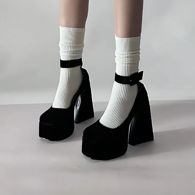 Solid Mary Jane High Heels, Ankle Strap Buckle Chunky High Heels, Platform Heels for Women, Square Toe High Heels, Cute Kawaii Velvet Shoes---Durable Square Toe Block Heels for Everyday Use