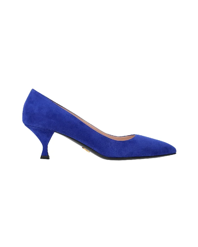 Prada Pointed Toe Kitten Heel Pumps in Blue Suede---Fashionable Kitten Heels for Date Night