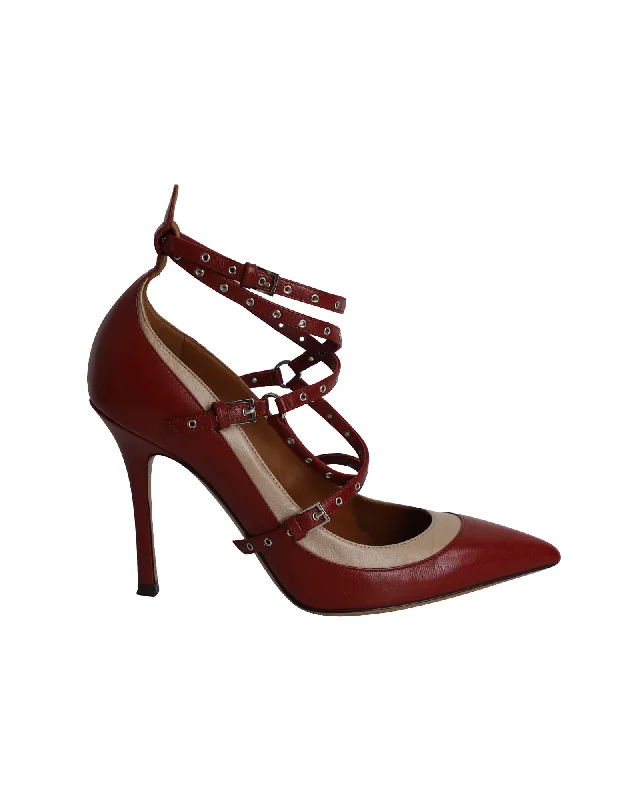 Valentino Two Tone Love Latch Detail Eyelet Embellished Pumps in Red Leather---Comfortable Leather Pumps for Office and Everyday Wear