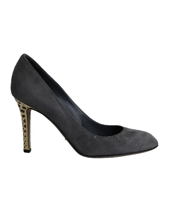 Affordable Suede Ankle Pumps for All-Day Wear--Sergio Rossi Gold Heel Pumps in Grey Suede