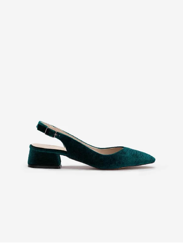 Luxurious Velvet Women's Pumps with Soft Finish---Emma Velvet Vegan Slingback Low Heels | Green