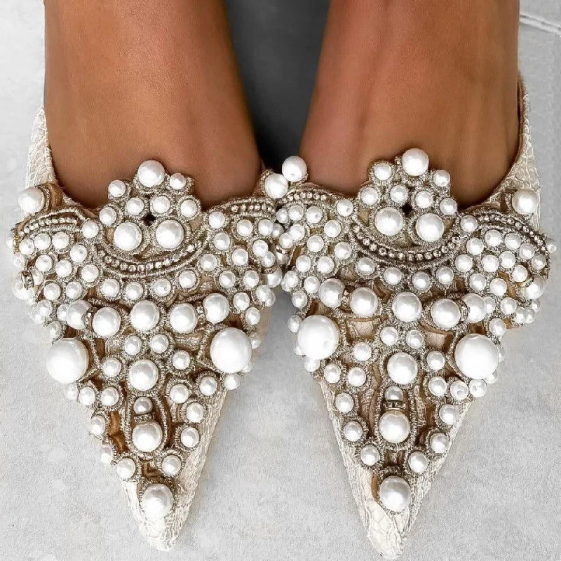 White Pearl Jeweled Lace Satin HeelsAffordable Satin Heels with a Luxe Touch