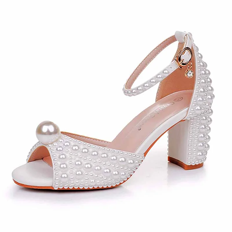 Stylish Ankle Strap Heels for Women--2.95" Pearls White Ankle Strap Chunky Heels Summer Wedding Dress Shoes