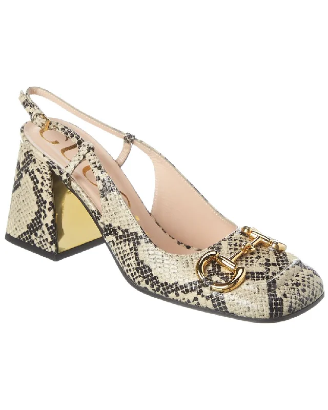 Fashionable Leather Slingback Pumps for Casual Wear--Gucci Princetown Horsebit Snake-Embossed Leather Slingback Pump