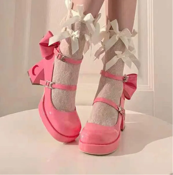 Sleek and Shiny Patent Pump Heels for a Polished Look--Sailor Moon-103 Patent Leather Glossy Front Strap High Heels, Round Toe Thick Short Heels, Pink Red White Ribbon Bow Decor Harajuku Coquette Shoes