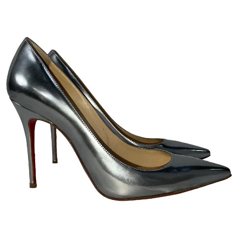 Christian Louboutin Kate 100 Pumps in Metallic Silver Leather---Comfortable Leather Pumps for Office and Everyday Wear