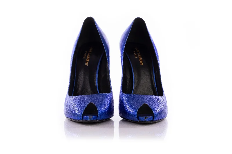 Versatile Heeled Sandals for Any Occasion---Saint Laurent Blue Metallic Peeptoe Pumps