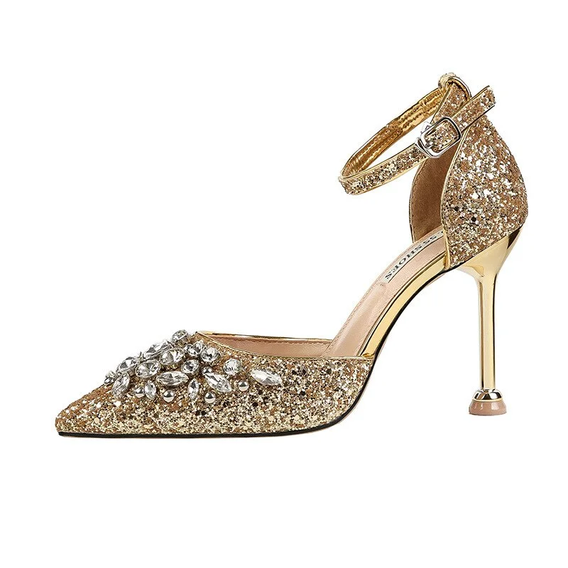 Stiletto Heel Pumps with Perfect Fit--comemore 2021 New Rhinestone Women Pumps Sequins Women's Gold Silver Wedding Shoes Female Slip-on Pointed Toe Thin High Heels 40-Fashionable & Classic