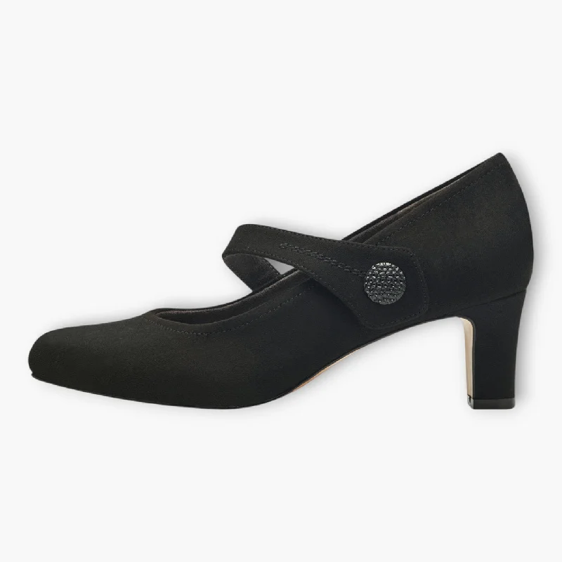 Affordable Suede Ankle Pumps for All-Day Wear--Jana Black Faux Suede Wide Fit Court Shoes with Velcro Strap