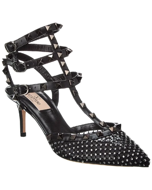 Stylish Ankle Strap Heels for Women--Valentino Rockstud Caged 65 Mesh & Leather Ankle Strap Pump