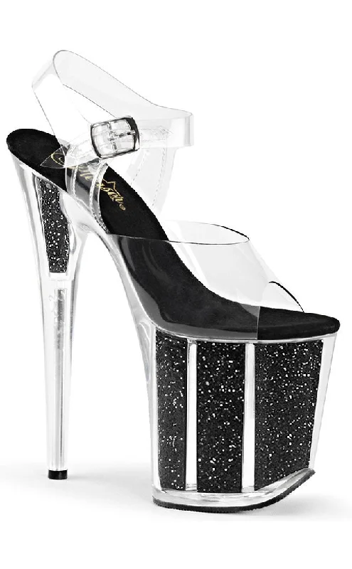 FLAMINGO-808G Clear & Black Glitter Platform Heels---Trendy Glitter Heels for a Glamorous Look