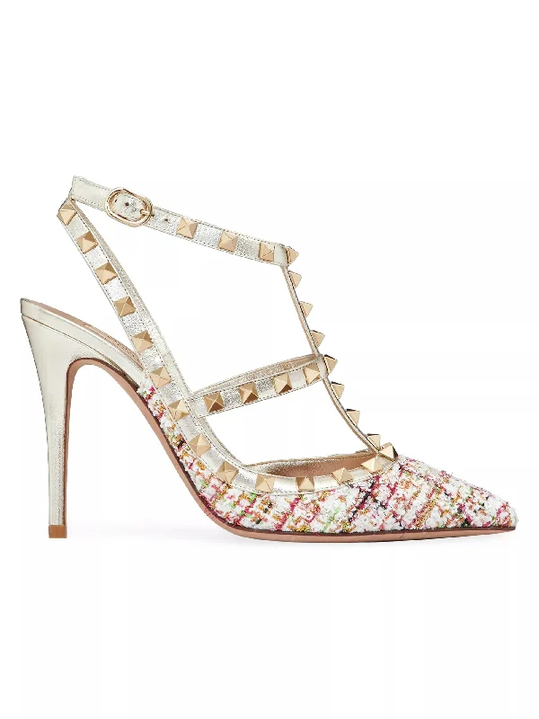 Versatile Heeled Sandals for Any Occasion---Valentino Garavani Women's Rockstud Tweed 100MM Pumps with Straps, Multi