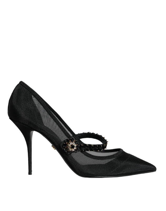 Affordable Rhinestone Pumps for a Dazzling Look---Dolce & Gabbana Black Mesh Mary Jane Crystal Heel Pumps Shoes