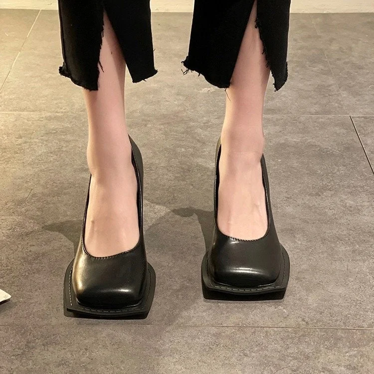 Stylish Square Head High Heels for Women, Black Leather Shoes, Square Toe Mary Jane Pumps, Summer Minimalist Plain Mary Jane Heels---Durable Square Toe Block Heels for Everyday Use