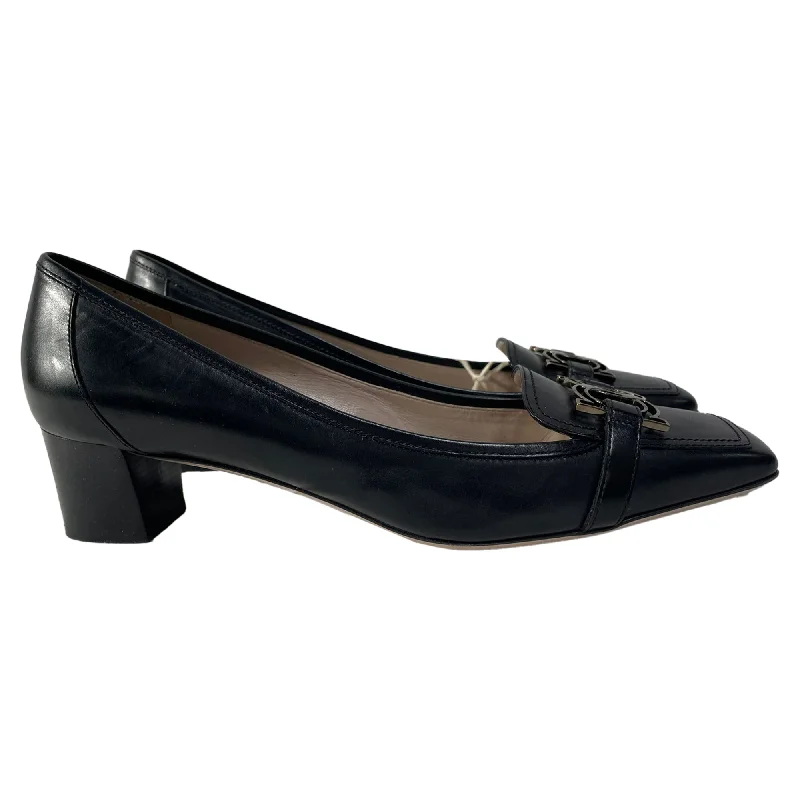 Salvatore Ferragamo Gancini Square Toe Block Heel Pumps in Black Leather---Durable Square Toe Block Heels for Everyday Use