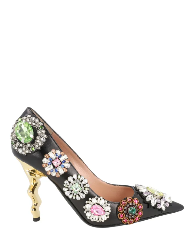 Versatile Heeled Sandals for Any Occasion---Moschino Womens Bejeweled Scuplted-Heel Pumps