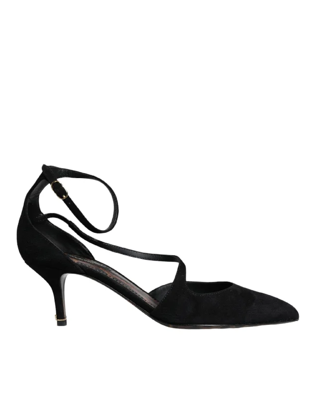 Stylish Ankle Strap Heels for Women--Black Suede Ankle Strap Heels Pumps Shoes