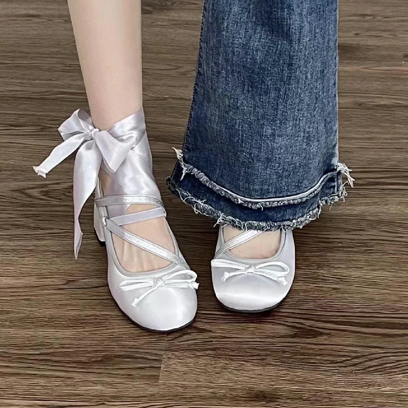 Trendy Chunky Heel Pumps for Casual Wear--Women Retro Mary Jane Heels, Women Vintage Ballerina Shoes, Women Plain Toe Bow Decor Low Heels, Women Retro Pink Sliver Ballet Shoes