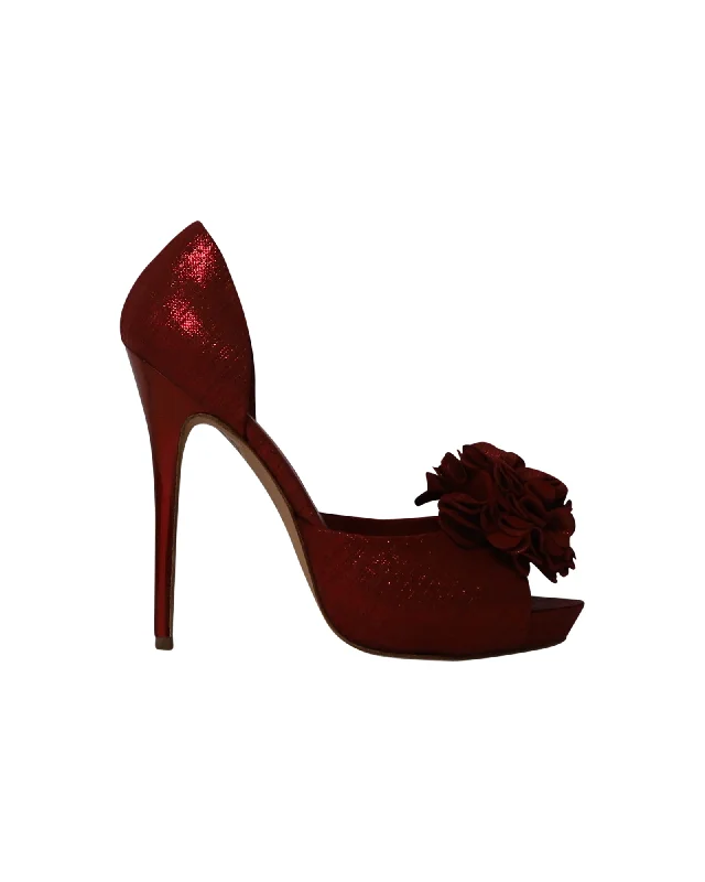 Alexander McQueen Floral Corsage Pumps in Red Leather---Comfortable Leather Pumps for Office and Everyday Wear