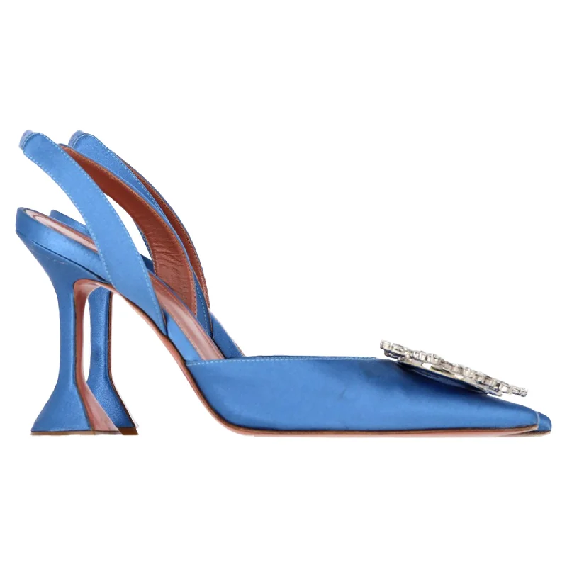 Amina Muaddi Begum Embellished Pointed Slingback Pumps in Blue SatinAffordable Satin Heels with a Luxe Touch