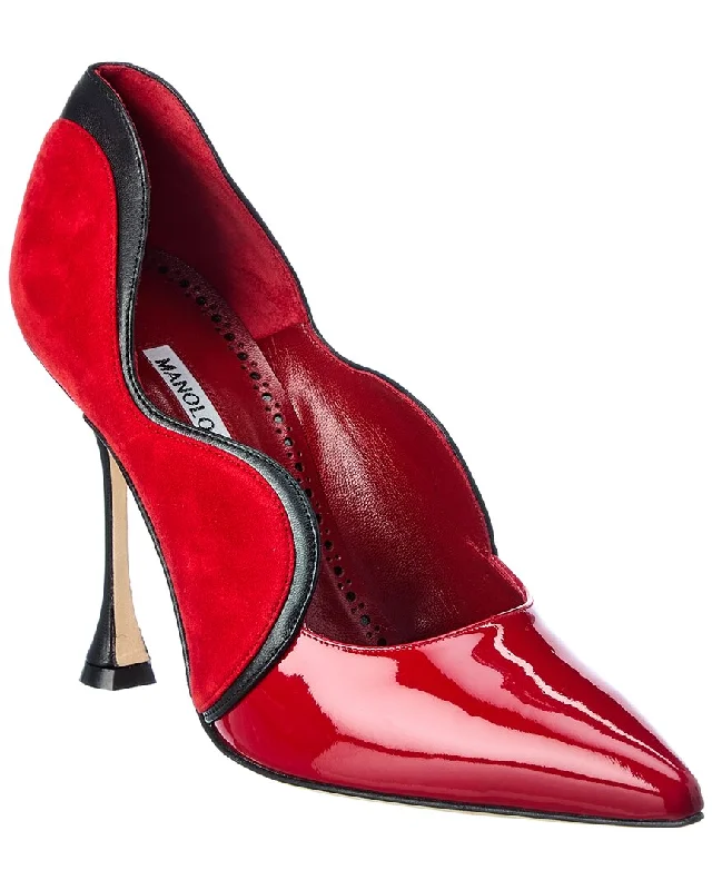 Sleek and Shiny Patent Pump Heels for a Polished Look--Manolo Blahnik Hamaki 105 Patent & Suede Pump