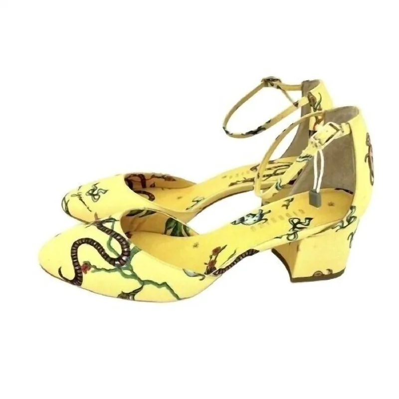 Trendy Chunky Heel Pumps for Casual Wear--Brighton Printed Ankle Block Heels In Yellow