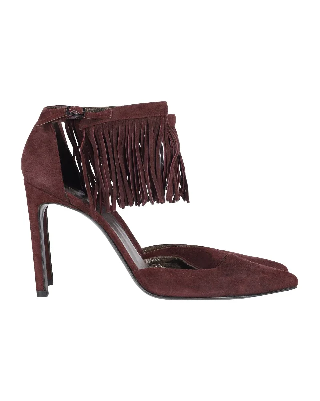 Stylish Ankle Strap Heels for Women--Stuart Weitzman Fringelica Ankle Strap Heels in Burgundy Suede