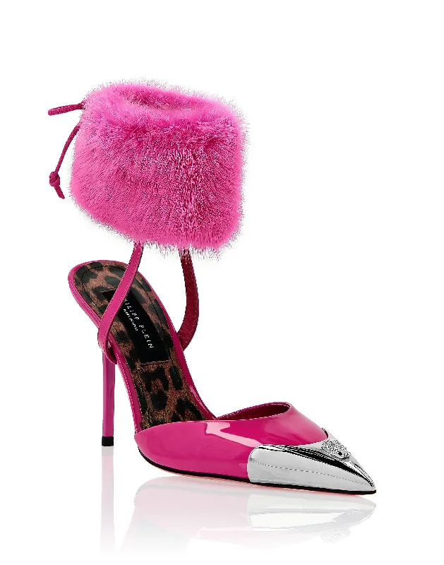 Sleek and Shiny Patent Pump Heels for a Polished Look--Patent Leather & Real Fur Decollete Mid-Heels Crystal Skull