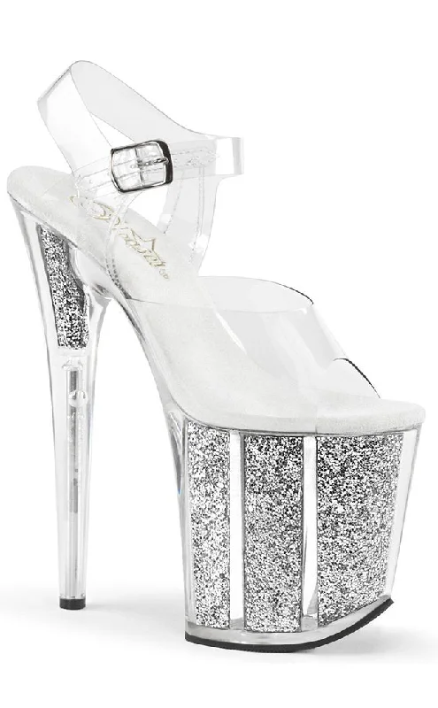 FLAMINGO-808G Clear & Silver Glitter Platform Heels---Trendy Glitter Heels for a Glamorous Look