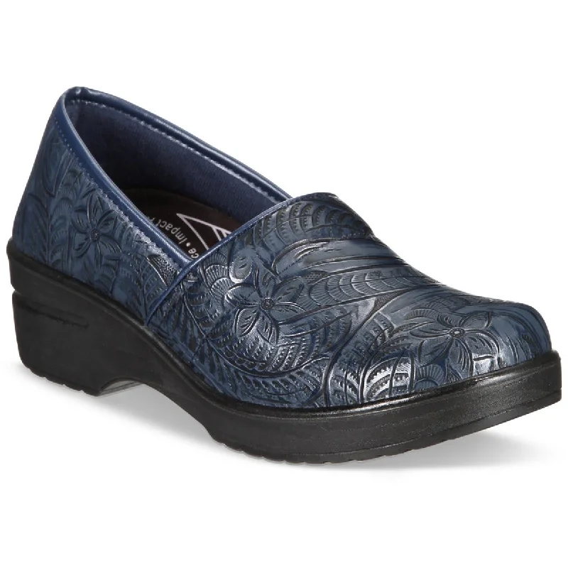 Easy Works by Easy Street Womens Lyndee Faux Leather Flower eDesign Clogs---Comfortable Leather Pumps for Office and Everyday Wear