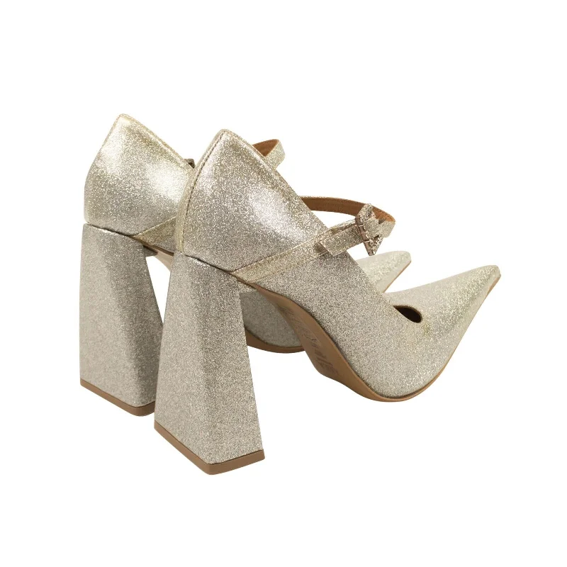 Trendy Chunky Heel Pumps for Casual Wear--BLOCK HEEL MARY JANE SILVER HEELS